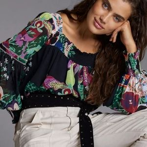 Anthropologie Lil Sire Puff Sheer-Sleeved Floral Tropical Blouse Size S